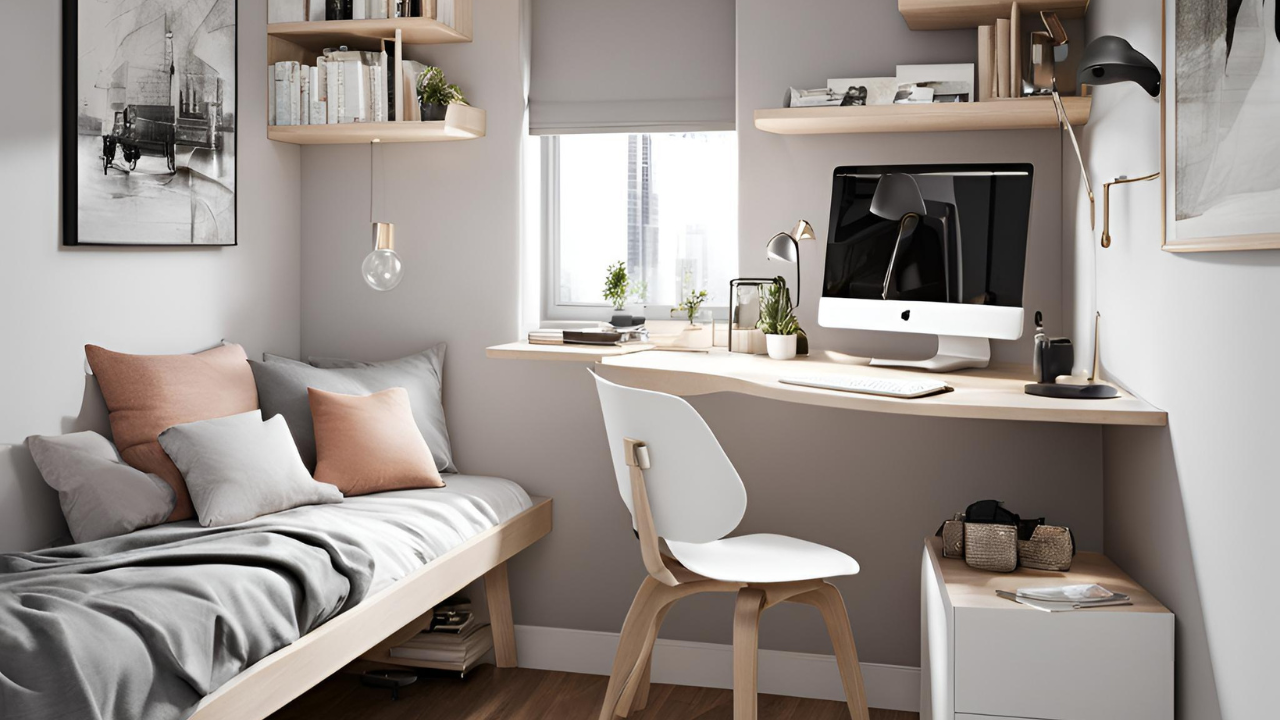 A floating desk mounted on a wall in a small bedroom with a minimalist acrylic chair, creating an airy and uncluttered workspace