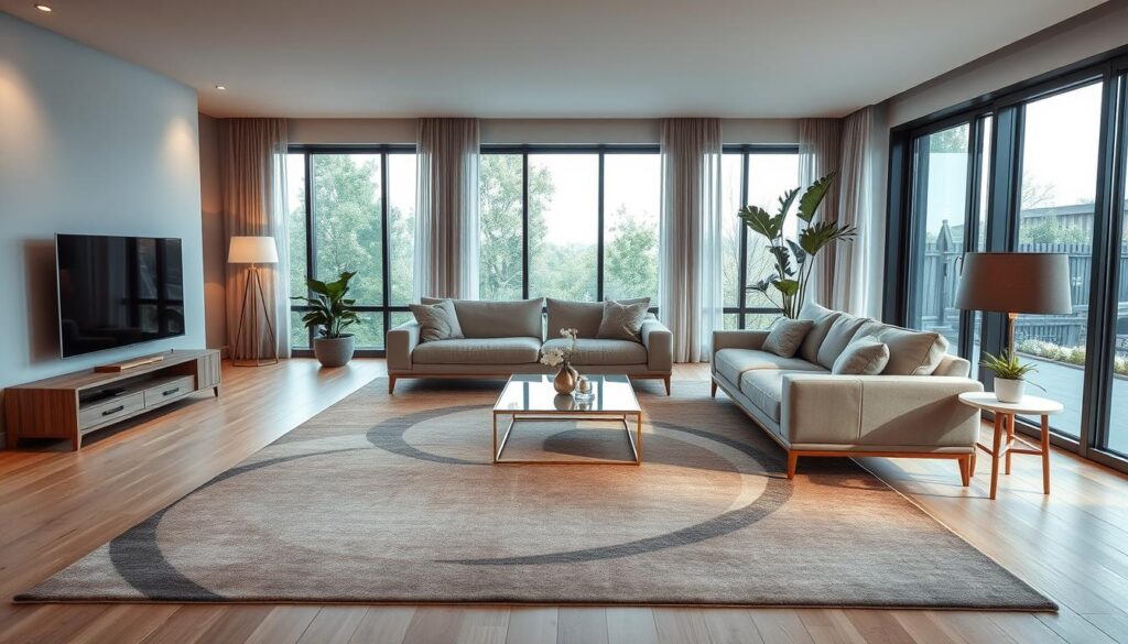 Contemporary living room with geometric rug and modern furniture