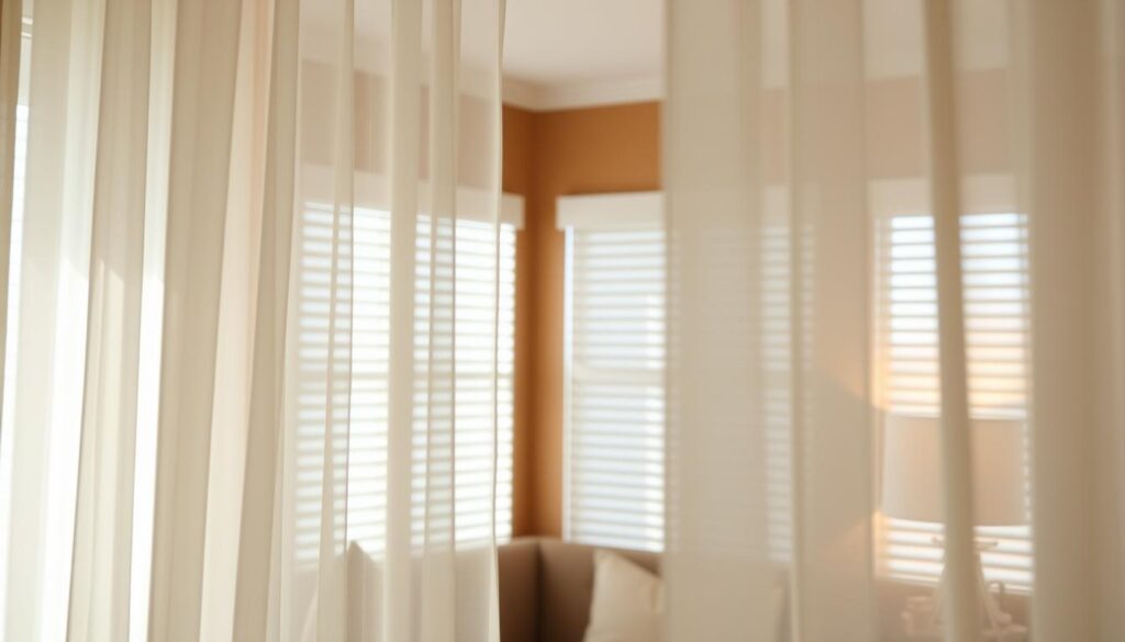 Layered living room blinds with sheer fabrics Layered living room blinds with sheer fabrics