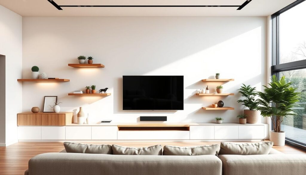 Modern TV feature wall with floating shelves