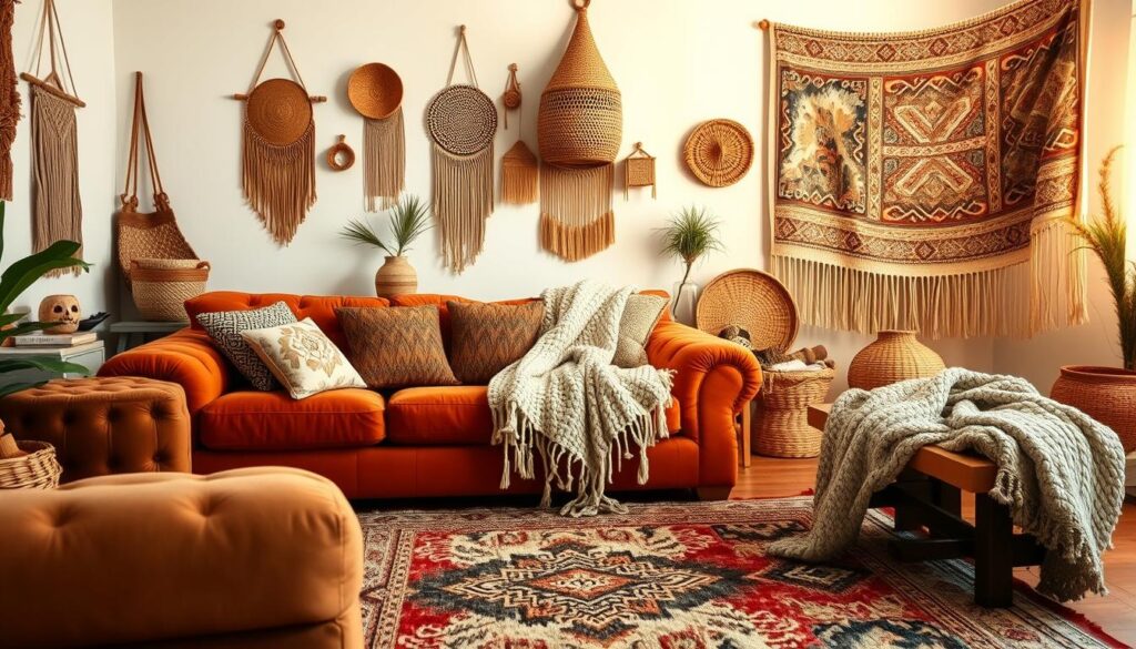 boho living room inspo textiles