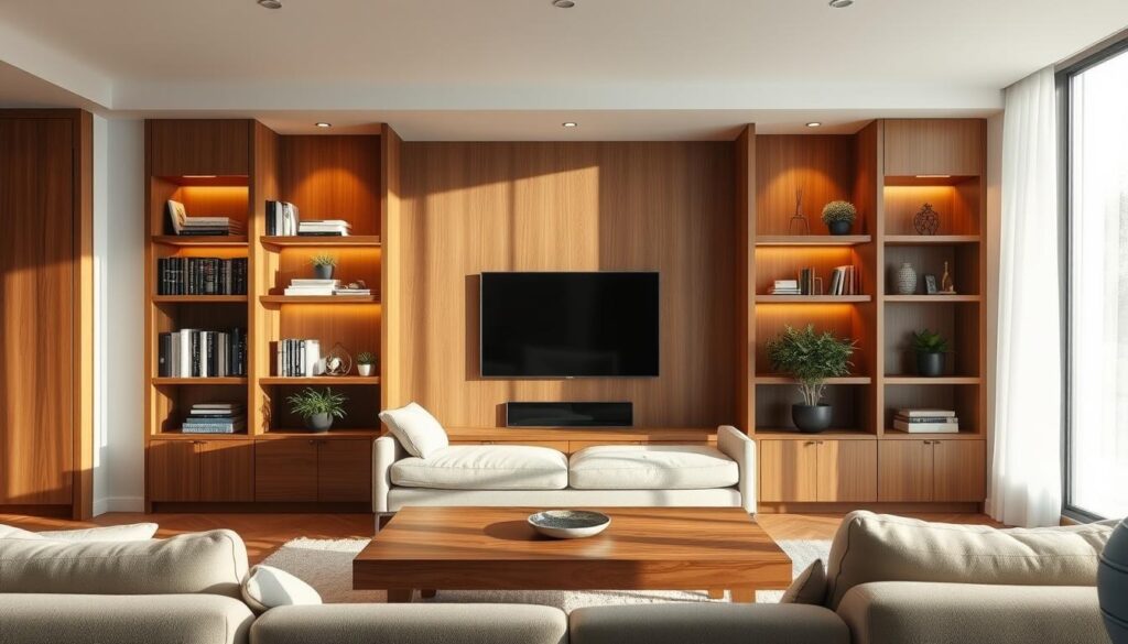 modern living room with built-in tv and wooden shelves