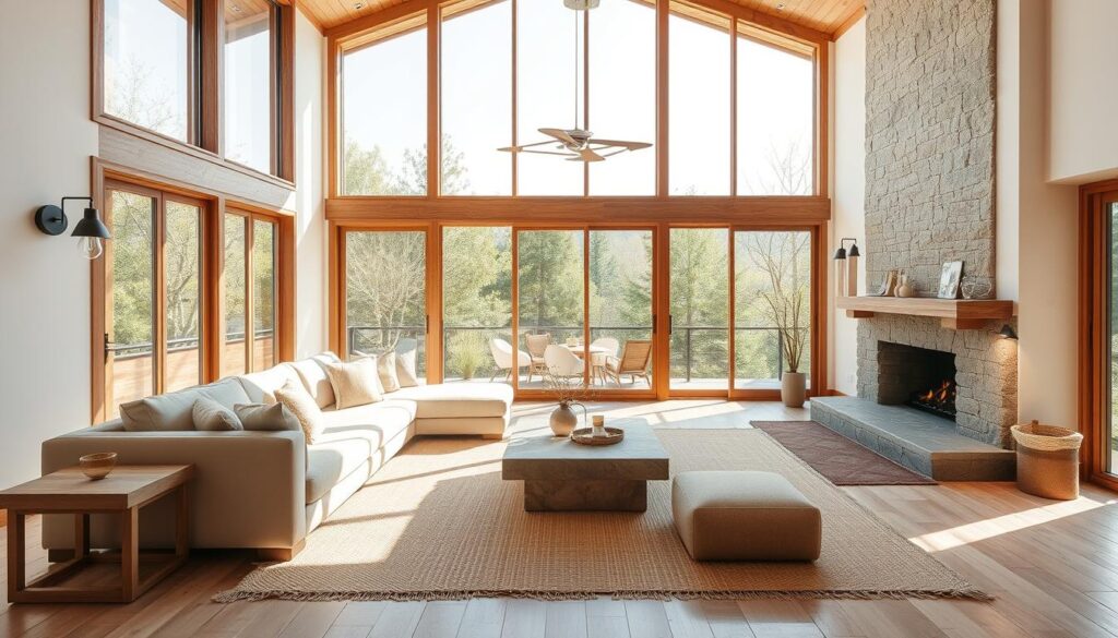 modern rustic living room with large windows and natural light modern rustic living room with large windows and natural light