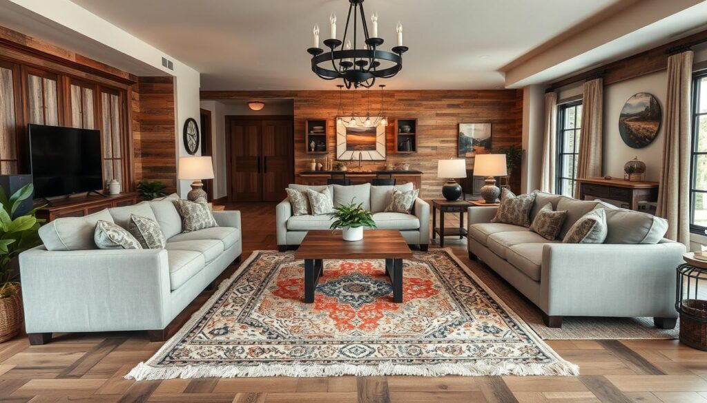 modern rustic living room zoning with area rugs
