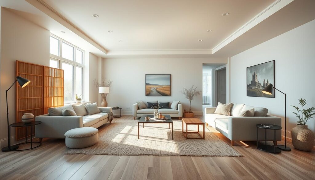 open floor plan living room with area rugs and decorative screens open floor plan living room with area rugs and decorative screens