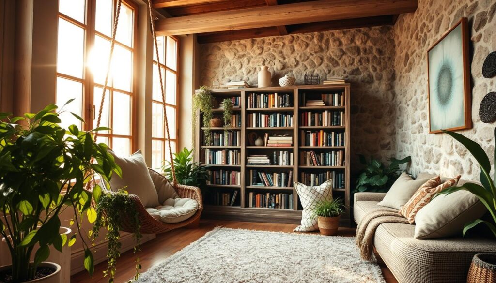 rustic boho reading nook with hanging chair and plants rustic boho reading nook with hanging chair and plants