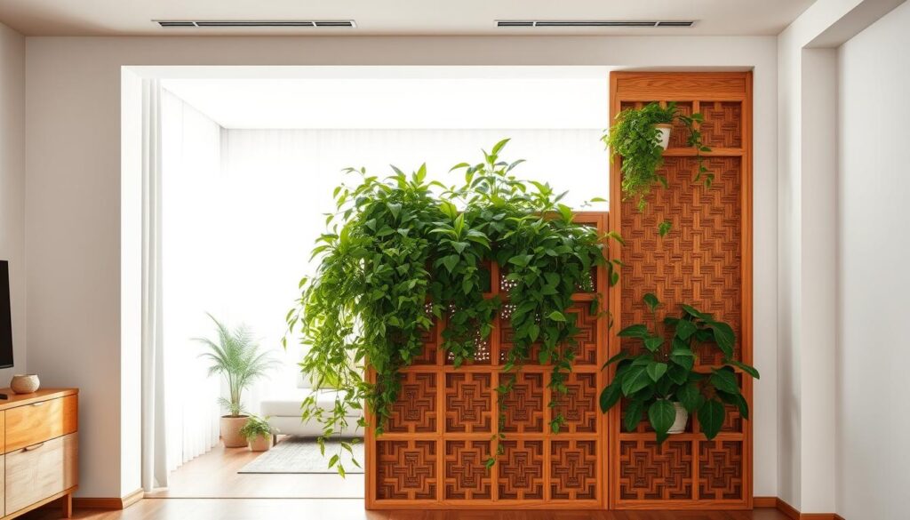 wooden partition with indoor plants wooden partition with indoor plants