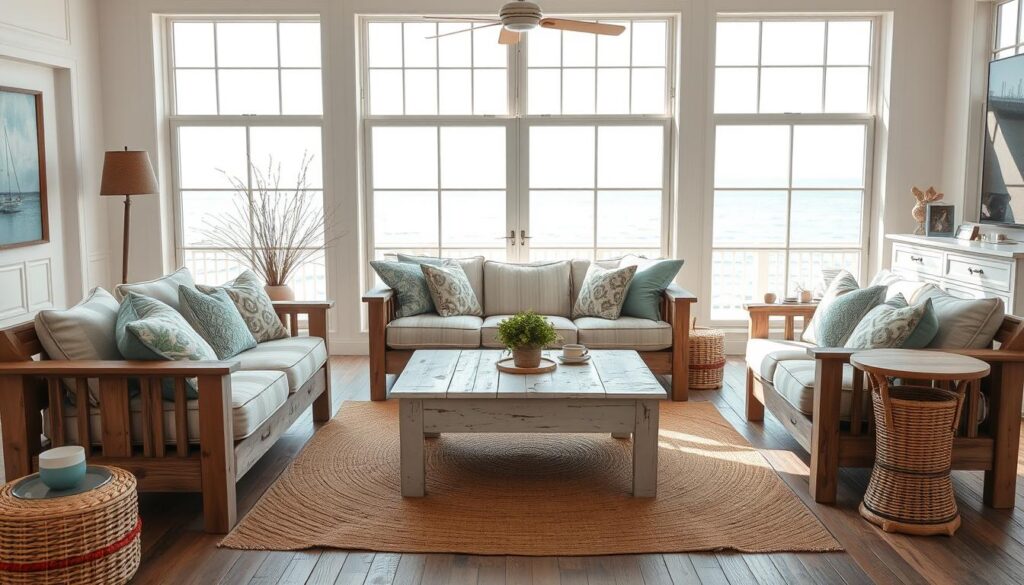 A beautifully designed coastal living room with a set of stylish, handcrafted furniture. In the foreground, a cozy, weathered wood sofa and armchair, adorned with plush, ocean-inspired cushions. A wooden coffee table with a whitewashed finish sits in the middle ground, surrounded by a jute rug and a pair of rattan side tables. In the background, large windows overlook a picturesque seascape, letting in natural light that casts a warm, inviting glow throughout the space. The overall atmosphere is one of relaxation and calm, perfectly capturing the essence of coastal living. A beautifully designed coastal living room with a set of stylish, handcrafted furniture. In the foreground, a cozy, weathered wood sofa and armchair, adorned with plush, ocean-inspired cushions. A wooden coffee table with a whitewashed finish sits in the middle ground, surrounded by a jute rug and a pair of rattan side tables. In the background, large windows overlook a picturesque seascape, letting in natural light that casts a warm, inviting glow throughout the space. The overall atmosphere is one of relaxation and calm, perfectly capturing the essence of coastal living.