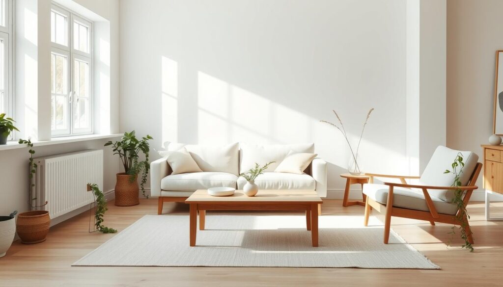 A bright, airy Scandinavian-inspired living room with clean lines and natural materials. Sunlight streams through large windows, illuminating a minimalist sofa in light-colored upholstery. A wooden coffee table and armchair complement the neutral palette. Trailing plants and a simple rug add organic touches. The room has an uncluttered, serene atmosphere, emphasizing space and simplicity. A neutral color scheme, with soft grays and whites, creates a calming, harmonious ambiance. The overall impression is one of understated elegance and Nordic design principles - functionality, simplicity, and a connection to nature. A bright, airy Scandinavian-inspired living room with clean lines and natural materials. Sunlight streams through large windows, illuminating a minimalist sofa in light-colored upholstery. A wooden coffee table and armchair complement the neutral palette. Trailing plants and a simple rug add organic touches. The room has an uncluttered, serene atmosphere, emphasizing space and simplicity. A neutral color scheme, with soft grays and whites, creates a calming, harmonious ambiance. The overall impression is one of understated elegance and Nordic design principles - functionality, simplicity, and a connection to nature.
