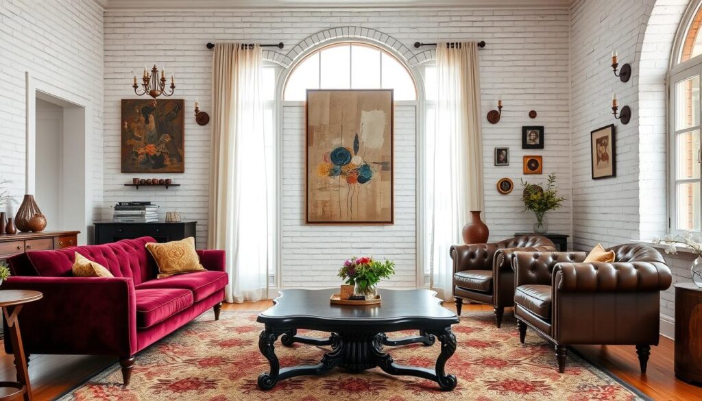 A bright, airy living room with a mix of modern and vintage furnishings. In the foreground, a mid-century modern sofa in a rich, jewel-toned velvet sits atop a geometric patterned area rug. An ornate, antique-style coffee table in dark wood stands in front, complemented by a pair of tufted leather armchairs. In the middle ground, a tall, arched window floods the space with natural light, framed by sheer, flowing curtains. Eclectic wall decor, including a large abstract painting and a collection of vintage-inspired metal wall sconces, adds visual interest. The background features a minimalist, white-washed brick wall, creating a textural contrast. Overall, the scene conveys a harmonious blend of old and new, resulting in a warm, inviting, and visually stimulating interior. A bright, airy living room with a mix of modern and vintage furnishings. In the foreground, a mid-century modern sofa in a rich, jewel-toned velvet sits atop a geometric patterned area rug. An ornate, antique-style coffee table in dark wood stands in front, complemented by a pair of tufted leather armchairs. In the middle ground, a tall, arched window floods the space with natural light, framed by sheer, flowing curtains. Eclectic wall decor, including a large abstract painting and a collection of vintage-inspired metal wall sconces, adds visual interest. The background features a minimalist, white-washed brick wall, creating a textural contrast. Overall, the scene conveys a harmonious blend of old and new, resulting in a warm, inviting, and visually stimulating interior.