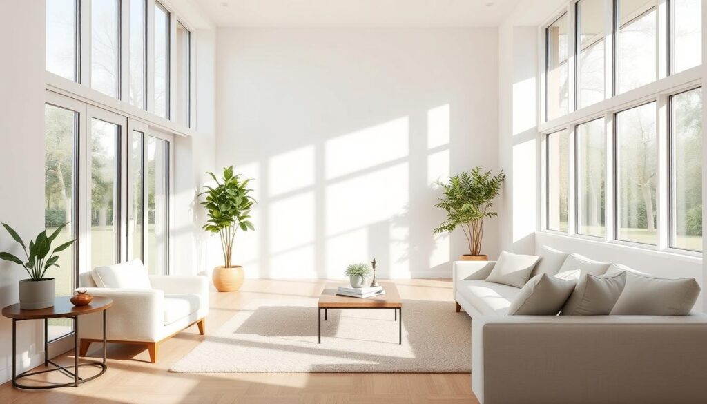 A bright, airy living room with large windows flooding the space with natural light. The furniture is minimalist and modern, with clean lines and a muted color palette. A cozy corner has a plush armchair and a side table with a potted plant, creating a cozy reading nook. The middle ground features a low-profile coffee table and a sleek, low-profile sofa. In the background, a subtle accent wall with geometric patterns adds visual interest. The overall atmosphere is one of calm, tranquility, and a sense of openness, perfectly capturing the "Brightening Up Your Space" theme. A bright, airy living room with large windows flooding the space with natural light. The furniture is minimalist and modern, with clean lines and a muted color palette. A cozy corner has a plush armchair and a side table with a potted plant, creating a cozy reading nook. The middle ground features a low-profile coffee table and a sleek, low-profile sofa. In the background, a subtle accent wall with geometric patterns adds visual interest. The overall atmosphere is one of calm, tranquility, and a sense of openness, perfectly capturing the "Brightening Up Your Space" theme.