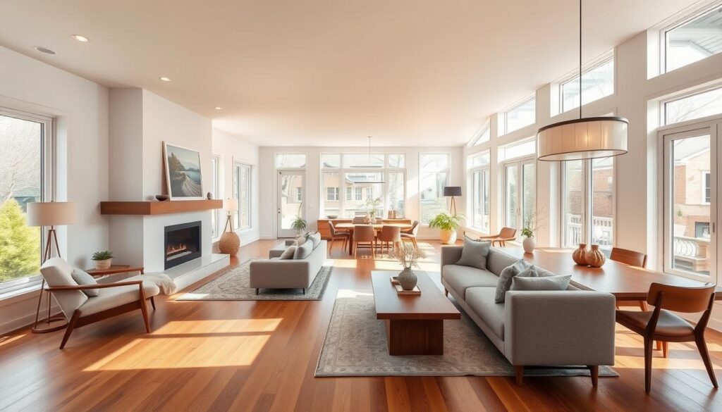 A bright, airy open-concept living room with a seamless flow between the living and dining areas. Large windows flood the space with natural light, creating a warm and inviting atmosphere. Mid-century modern furnishings, including a plush sectional sofa and a sleek wooden coffee table, are arranged in a conversational setting. A minimalist fireplace anchors the room, with a stylish mantel and artwork above. Indirect lighting from recessed ceiling fixtures and floor lamps casts a soft glow, while a statement pendant light hangs over the dining table, completing the cohesive design. Hardwood floors and neutral color tones throughout establish a calming, contemporary ambiance. A bright, airy open-concept living room with a seamless flow between the living and dining areas. Large windows flood the space with natural light, creating a warm and inviting atmosphere. Mid-century modern furnishings, including a plush sectional sofa and a sleek wooden coffee table, are arranged in a conversational setting. A minimalist fireplace anchors the room, with a stylish mantel and artwork above. Indirect lighting from recessed ceiling fixtures and floor lamps casts a soft glow, while a statement pendant light hangs over the dining table, completing the cohesive design. Hardwood floors and neutral color tones throughout establish a calming, contemporary ambiance.