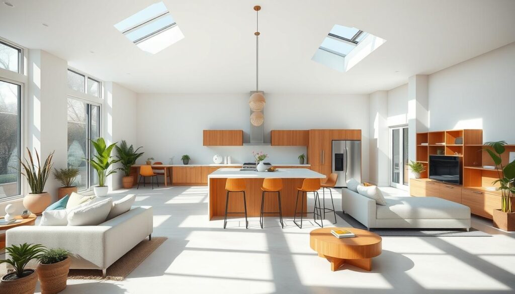 A bright, airy open-concept living space with a spacious kitchen and dining area. The room is bathed in natural light, streaming in through large windows and skylights. Sleek, minimalist furnishings in neutral tones create a sophisticated, yet inviting ambiance. A central island with bar stools serves as a focal point, seamlessly integrating the cooking and entertaining zones. Warm wood accents and potted plants add a touch of organic warmth. The layout encourages fluid movement and social interaction, perfect for hosting gatherings. Soft, diffused lighting from pendant fixtures casts a gentle glow, setting the mood for a relaxed, comfortable atmosphere. A bright, airy open-concept living space with a spacious kitchen and dining area. The room is bathed in natural light, streaming in through large windows and skylights. Sleek, minimalist furnishings in neutral tones create a sophisticated, yet inviting ambiance. A central island with bar stools serves as a focal point, seamlessly integrating the cooking and entertaining zones. Warm wood accents and potted plants add a touch of organic warmth. The layout encourages fluid movement and social interaction, perfect for hosting gatherings. Soft, diffused lighting from pendant fixtures casts a gentle glow, setting the mood for a relaxed, comfortable atmosphere.