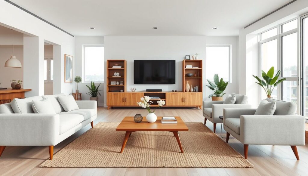 A bright, open-concept living room with a minimalist, Scandinavian-inspired aesthetic. In the foreground, a plush, light-colored sofa sits atop a woven area rug, flanked by a pair of sleek, mid-century modern armchairs. On the coffee table, a few carefully curated decor pieces, including a vase of fresh flowers, create a sense of balance and harmony. The middle ground features a wooden entertainment unit displaying a large, flat-screen television, with bookshelves on either side filled with decorative objects and plants. The background showcases large, floor-to-ceiling windows that flood the space with natural light, creating a warm and inviting atmosphere. The overall mood is one of calm, relaxation, and the seamless integration of living spaces.