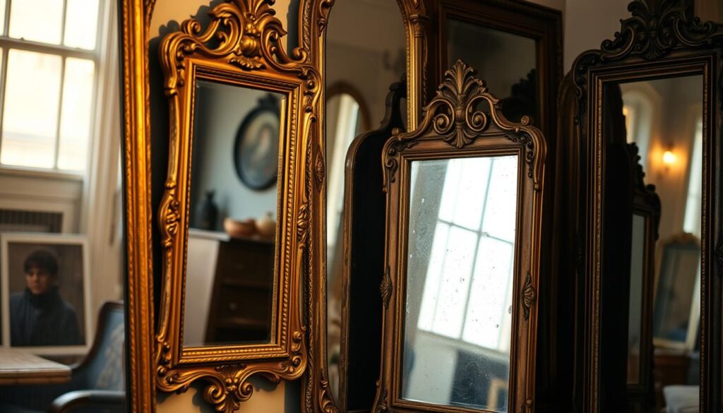 A collection of beautifully aged and weathered vintage mirrors, their ornate frames showcasing intricate details and a rich patina. The mirrors are arranged in a cozy, intimate setting, bathed in soft, diffused lighting that creates a warm, nostalgic ambiance. The mirrors are positioned at various angles, reflecting the room's interior and creating a sense of depth and visual interest. The overall atmosphere is one of timeless elegance and a touch of bohemian charm, evoking a sense of vintage sophistication and a bygone era. A collection of beautifully aged and weathered vintage mirrors, their ornate frames showcasing intricate details and a rich patina. The mirrors are arranged in a cozy, intimate setting, bathed in soft, diffused lighting that creates a warm, nostalgic ambiance. The mirrors are positioned at various angles, reflecting the room's interior and creating a sense of depth and visual interest. The overall atmosphere is one of timeless elegance and a touch of bohemian charm, evoking a sense of vintage sophistication and a bygone era.