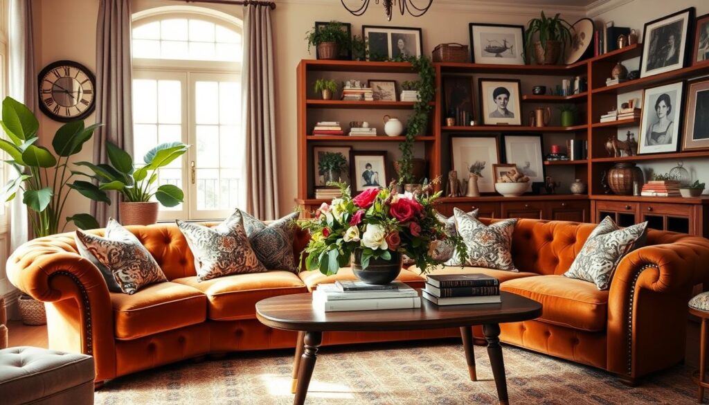 A cozy Anthropologie-inspired living room, bathed in warm, golden light from large front-facing windows. In the foreground, a plush, tufted velvet sofa in a deep, earthy tone serves as the focal point, adorned with an array of patterned throw pillows. Midground features a mid-century inspired coffee table with turned wooden legs, topped with a lush floral arrangement and a stack of vintage-style books. The background showcases built-in bookshelves filled with an eclectic mix of decorative objects, potted plants, and framed artworks, creating a visually engaging vignette. The overall mood is one of refined elegance and relaxed comfort. A cozy Anthropologie-inspired living room, bathed in warm, golden light from large front-facing windows. In the foreground, a plush, tufted velvet sofa in a deep, earthy tone serves as the focal point, adorned with an array of patterned throw pillows. Midground features a mid-century inspired coffee table with turned wooden legs, topped with a lush floral arrangement and a stack of vintage-style books. The background showcases built-in bookshelves filled with an eclectic mix of decorative objects, potted plants, and framed artworks, creating a visually engaging vignette. The overall mood is one of refined elegance and relaxed comfort.