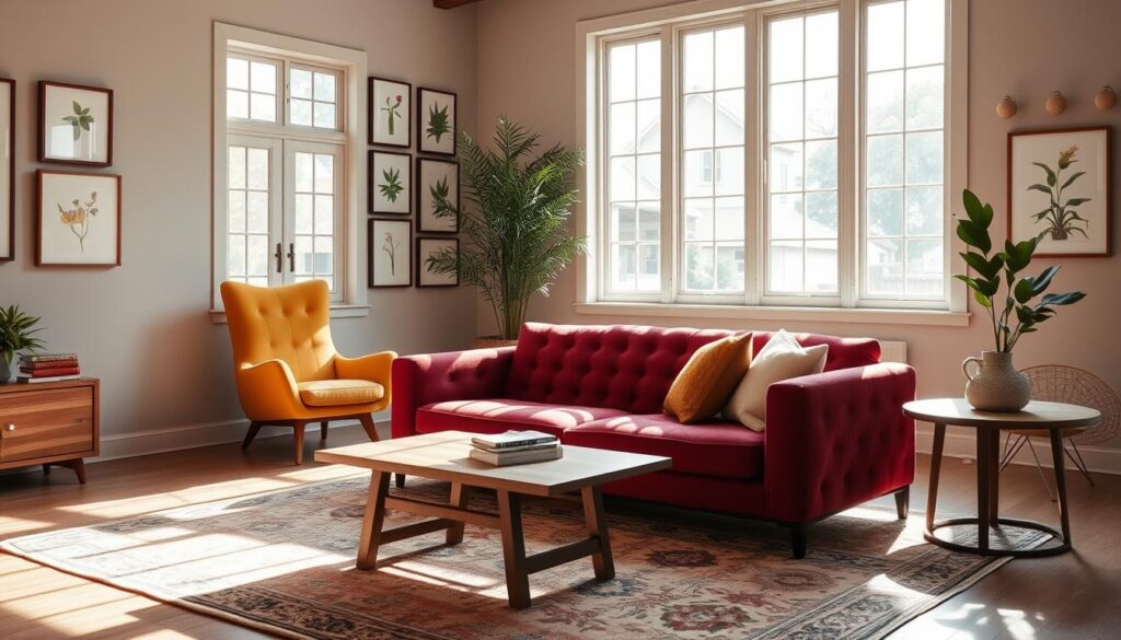 A cozy Anthropologie-inspired living room with natural light streaming through large windows, illuminating a mix of plush velvet and linen furnishings in earthy tones. In the foreground, a low-slung, tufted sofa in a rich burgundy hue sits atop a patterned area rug. Accented by a wooden coffee table and matching end tables, the space exudes a warm, inviting ambiance. Across the room, a mid-century inspired accent chair in a mustard yellow shade complements the space, while a tall potted plant in the corner adds a touch of greenery. The walls are adorned with a collection of framed botanical prints, creating a serene, nature-inspired atmosphere. A cozy Anthropologie-inspired living room with natural light streaming through large windows, illuminating a mix of plush velvet and linen furnishings in earthy tones. In the foreground, a low-slung, tufted sofa in a rich burgundy hue sits atop a patterned area rug. Accented by a wooden coffee table and matching end tables, the space exudes a warm, inviting ambiance. Across the room, a mid-century inspired accent chair in a mustard yellow shade complements the space, while a tall potted plant in the corner adds a touch of greenery. The walls are adorned with a collection of framed botanical prints, creating a serene, nature-inspired atmosphere.