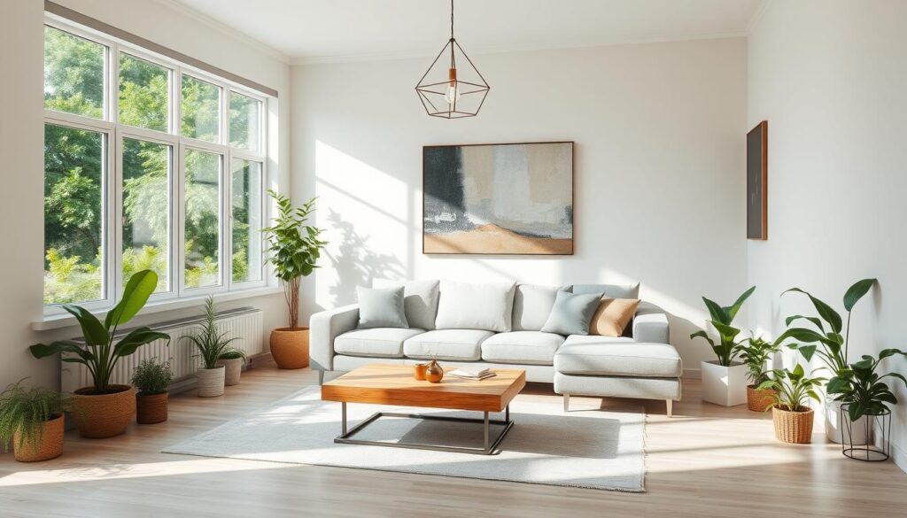 A cozy and bright apartment living room with a modern, minimalist decor. The room is filled with natural light, streaming through large windows that overlook a lush, green outdoor space. The walls are painted in a soft, neutral tone, creating a calming and serene atmosphere. The main focal point is a plush, L-shaped sofa in a light grey hue, paired with a sleek, low-profile coffee table made of wood and metal. Scattered around the room are various potted plants, adding pops of green and a touch of nature. The room is further accented by a large, abstract wall art piece and a pendant light fixture with a simple, geometric design, providing a soft, ambient glow. The overall aesthetic is one of understated elegance and a sense of openness, inviting the viewer to relax and unwind. A cozy and bright apartment living room with a modern, minimalist decor. The room is filled with natural light, streaming through large windows that overlook a lush, green outdoor space. The walls are painted in a soft, neutral tone, creating a calming and serene atmosphere. The main focal point is a plush, L-shaped sofa in a light grey hue, paired with a sleek, low-profile coffee table made of wood and metal. Scattered around the room are various potted plants, adding pops of green and a touch of nature. The room is further accented by a large, abstract wall art piece and a pendant light fixture with a simple, geometric design, providing a soft, ambient glow. The overall aesthetic is one of understated elegance and a sense of openness, inviting the viewer to relax and unwind.