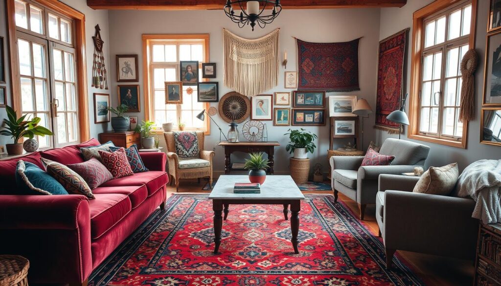 A cozy and eclectic bohemian living room, filled with a warm, natural lighting from large windows. In the foreground, a plush, overstuffed velvet sofa in a rich burgundy hue, adorned with an array of patterned pillows in jewel-toned colors. Opposite, a sturdy wooden coffee table with a marble top, topped with bohemian-inspired accents like a potted plant and a stack of vintage books. The middle ground features a vibrant, colorful area rug with an intricate, abstract design, complemented by a pair of mismatched armchairs in earthy tones. In the background, a gallery wall showcases an eclectic mix of framed artwork, tapestries, and macrame wall hangings, creating a cozy, lived-in ambiance. The overall scene exudes a warm, inviting, and effortlessly chic bohemian aesthetic.