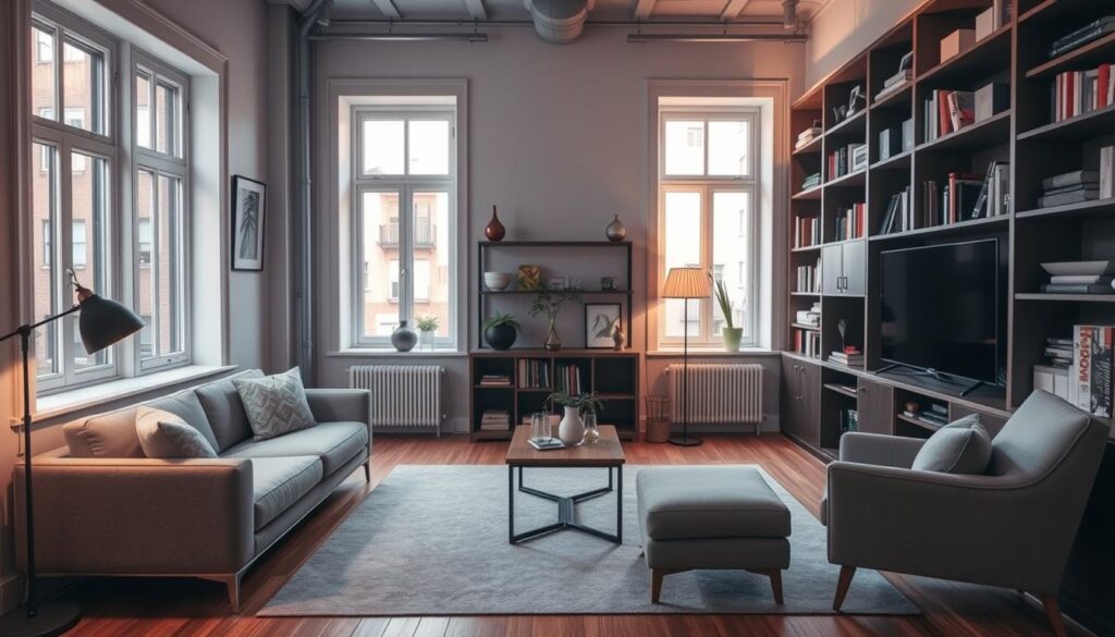 A cozy and functional small apartment living room layout. In the foreground, a minimalist L-shaped sofa and an armchair arranged to create an intimate seating area. In the middle ground, a low wooden coffee table and a floor lamp provide functional lighting. The background features built-in bookshelves along the walls, filled with books and decorative items, creating a sense of depth and personality. Warm, natural lighting filters in through large windows, casting a soft glow throughout the space. The overall atmosphere is one of efficient, stylish living in a compact urban environment. A cozy and functional small apartment living room layout. In the foreground, a minimalist L-shaped sofa and an armchair arranged to create an intimate seating area. In the middle ground, a low wooden coffee table and a floor lamp provide functional lighting. The background features built-in bookshelves along the walls, filled with books and decorative items, creating a sense of depth and personality. Warm, natural lighting filters in through large windows, casting a soft glow throughout the space. The overall atmosphere is one of efficient, stylish living in a compact urban environment.