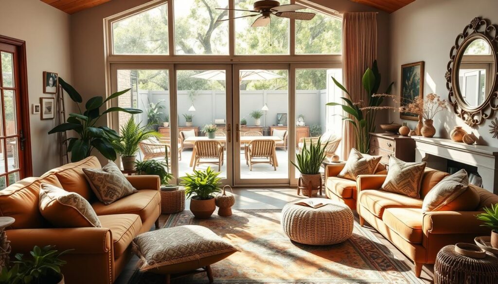 A cozy and inviting Anthropologie-inspired bohemian living room with an outdoor integration. Sunlight streams through large windows, illuminating an eclectic mix of textures and colors. Plush velvet sofas in earthy tones, layered with patterned throw pillows, sit atop a vintage Persian rug. Lush potted plants and dried floral arrangements add a natural, organic touch. A rattan chair and woven pouf create a seating area that blends seamlessly with the outdoor patio beyond, visible through the expansive glass doors. Warm wooden accents, brass hardware, and an antique mirror complete the curated, lived-in aesthetic. A cozy and inviting Anthropologie-inspired bohemian living room with an outdoor integration. Sunlight streams through large windows, illuminating an eclectic mix of textures and colors. Plush velvet sofas in earthy tones, layered with patterned throw pillows, sit atop a vintage Persian rug. Lush potted plants and dried floral arrangements add a natural, organic touch. A rattan chair and woven pouf create a seating area that blends seamlessly with the outdoor patio beyond, visible through the expansive glass doors. Warm wooden accents, brass hardware, and an antique mirror complete the curated, lived-in aesthetic.