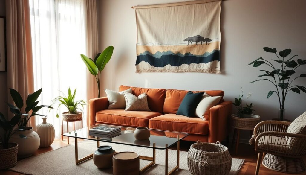 A cozy and inviting Anthropologie-inspired living room in a small space. Soft lighting filters through sheer curtains, casting a warm glow on the plush, earthy-toned velvet sofa. A rattan armchair and a glass-topped coffee table with brass accents complete the midcentury-modern inspired layout. Lush greenery in ceramic planters and woven baskets add pops of life, while a large, abstract wall hanging in muted tones ties the room together. The overall atmosphere is one of relaxation and refined elegance, perfect for an intimate and stylish small-space living room. A cozy and inviting Anthropologie-inspired living room in a small space. Soft lighting filters through sheer curtains, casting a warm glow on the plush, earthy-toned velvet sofa. A rattan armchair and a glass-topped coffee table with brass accents complete the midcentury-modern inspired layout. Lush greenery in ceramic planters and woven baskets add pops of life, while a large, abstract wall hanging in muted tones ties the room together. The overall atmosphere is one of relaxation and refined elegance, perfect for an intimate and stylish small-space living room.