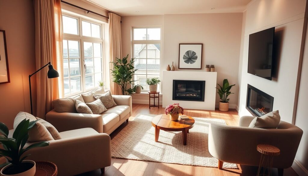 A cozy and inviting apartment living room, bathed in warm, natural light filtering through large windows. Plush, neutral-toned furniture, including a comfortable sofa, armchair, and a low, wooden coffee table, create a welcoming seating area. Soft, textured rugs and potted plants add layers of warmth and texture, while a sleek, minimalist fireplace anchors the space. The walls are adorned with a few carefully curated art pieces, lending a touch of sophistication. The overall atmosphere is one of relaxation and understated elegance, perfect for unwinding after a long day.