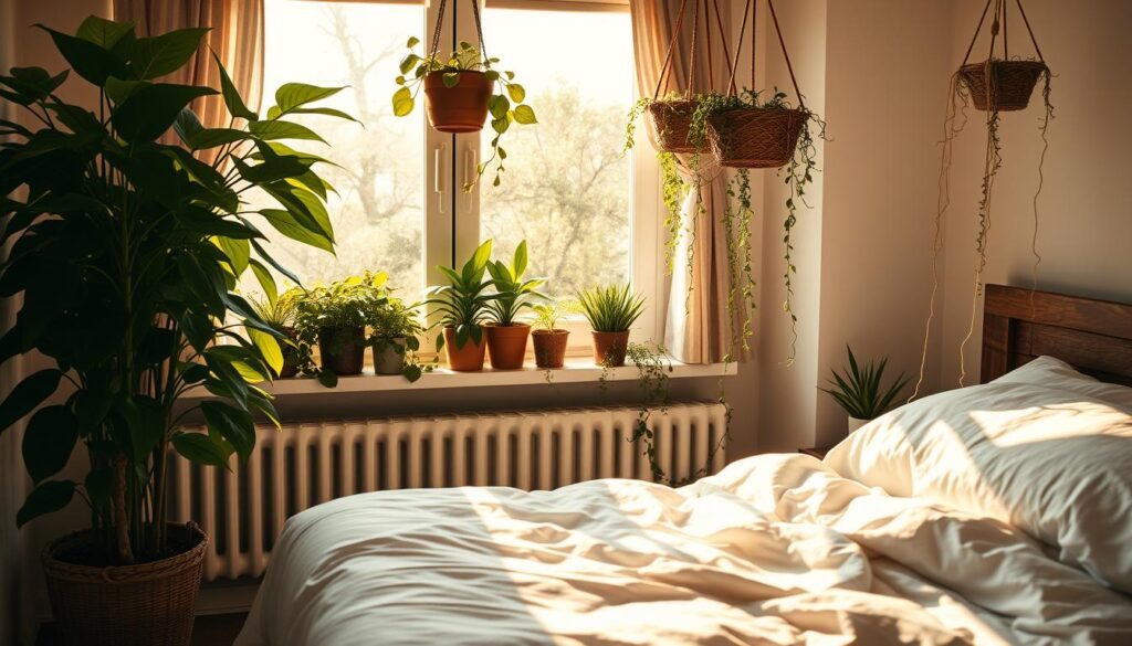 A cozy and inviting bedroom with lush indoor plants thriving in the natural light. A large, leafy potted plant stands in the corner, casting soft shadows across the room. Small succulent planters line the windowsill, their vibrant green hues complementing the crisp white bedding. Trailing vines cascade from hanging baskets, adding a touch of natural elegance. The space is bathed in warm, golden-hour lighting, creating a serene and tranquil atmosphere. The plants breathe life into the room, bringing a sense of freshness and vitality to the intimate, peaceful setting. A cozy and inviting bedroom with lush indoor plants thriving in the natural light. A large, leafy potted plant stands in the corner, casting soft shadows across the room. Small succulent planters line the windowsill, their vibrant green hues complementing the crisp white bedding. Trailing vines cascade from hanging baskets, adding a touch of natural elegance. The space is bathed in warm, golden-hour lighting, creating a serene and tranquil atmosphere. The plants breathe life into the room, bringing a sense of freshness and vitality to the intimate, peaceful setting.