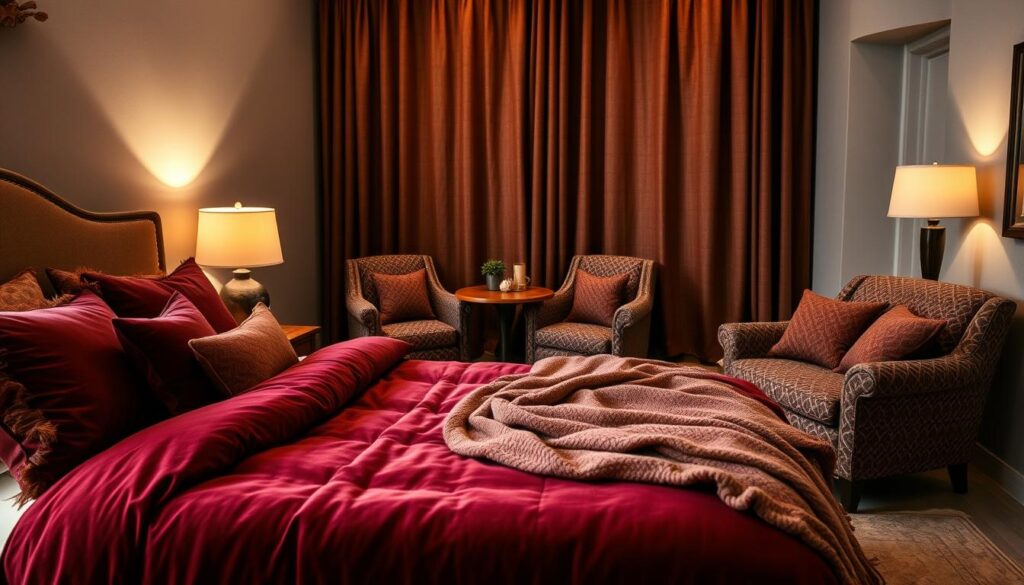 A cozy and inviting bedroom with rich, textured fabrics in a warm color palette. In the foreground, a plush, oversized bed is adorned with a luxurious velvet duvet and an array of decorative pillows in complementary shades of burgundy and ochre. Draped across the foot of the bed, a soft, woven throw blanket adds depth and visual interest. In the middle ground, a pair of matching armchairs upholstered in a sumptuous, patterned fabric sits adjacent to a rustic, wooden side table, creating a cozy seating area. The background features lush, textured curtains in a coordinating hue, softly framing the space and adding to the overall sense of warmth and comfort. Lighting is soft and ambient, with a mix of natural light filtering through the curtains and the subtle glow of a table lamp, creating a serene and inviting atmosphere. A cozy and inviting bedroom with rich, textured fabrics in a warm color palette. In the foreground, a plush, oversized bed is adorned with a luxurious velvet duvet and an array of decorative pillows in complementary shades of burgundy and ochre. Draped across the foot of the bed, a soft, woven throw blanket adds depth and visual interest. In the middle ground, a pair of matching armchairs upholstered in a sumptuous, patterned fabric sits adjacent to a rustic, wooden side table, creating a cozy seating area. The background features lush, textured curtains in a coordinating hue, softly framing the space and adding to the overall sense of warmth and comfort. Lighting is soft and ambient, with a mix of natural light filtering through the curtains and the subtle glow of a table lamp, creating a serene and inviting atmosphere.
