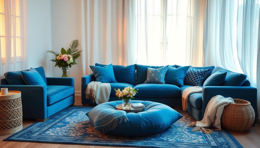 A cozy and inviting blue living room, bathed in warm, natural lighting. Plush textiles and patterns command attention - a luxurious velvet sofa, a patterned area rug, and an array of decorative pillows in shades of azure and indigo. Soft, sheer curtains gently sway, creating a serene ambiance. The space exudes a sense of refined elegance and tranquility, perfect for relaxation and entertaining. Thoughtfully curated accessories, such as a vase of fresh flowers and a woven basket, add depth and texture to the scene. The overall composition is both visually striking and harmonious, seamlessly blending form and function. A cozy and inviting blue living room, bathed in warm, natural lighting. Plush textiles and patterns command attention - a luxurious velvet sofa, a patterned area rug, and an array of decorative pillows in shades of azure and indigo. Soft, sheer curtains gently sway, creating a serene ambiance. The space exudes a sense of refined elegance and tranquility, perfect for relaxation and entertaining. Thoughtfully curated accessories, such as a vase of fresh flowers and a woven basket, add depth and texture to the scene. The overall composition is both visually striking and harmonious, seamlessly blending form and function.
