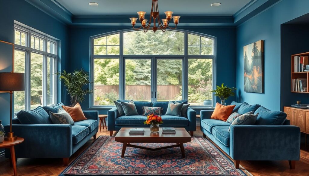 A cozy and inviting blue living room with plush velvet sofas, a large window overlooking a lush garden, and soft ambient lighting. The room features a mid-century modern aesthetic, with warm wood accents and a statement brass chandelier. Colorful accent pillows and a Persian rug add depth and texture to the space. The overall atmosphere is one of tranquility and sophistication, creating a serene and relaxing environment. A cozy and inviting blue living room with plush velvet sofas, a large window overlooking a lush garden, and soft ambient lighting. The room features a mid-century modern aesthetic, with warm wood accents and a statement brass chandelier. Colorful accent pillows and a Persian rug add depth and texture to the space. The overall atmosphere is one of tranquility and sophistication, creating a serene and relaxing environment.