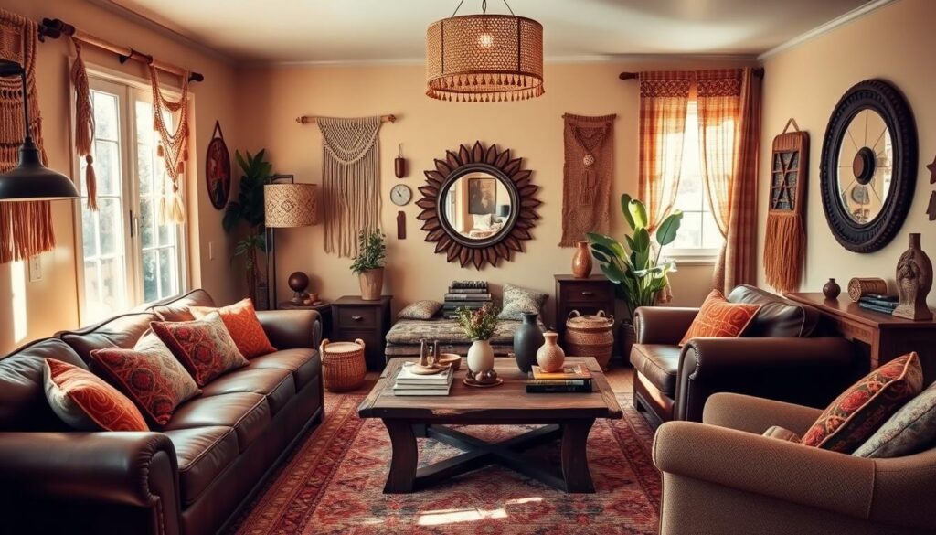 A cozy and inviting bohemian living room with a warm, earthy color palette. The room features plush, overstuffed furniture, including a deep brown leather sofa and armchair, accented with vibrant patterned throw pillows. In the middle, a rustic wooden coffee table is adorned with an assortment of eclectic decor, such as stacked books, decorative vases, and a small potted plant. The walls are lined with macrame wall hangings, woven tapestries, and an ornate, vintage-inspired mirror. Soft, ambient lighting emanates from a floor lamp with a woven shade, creating a laid-back, relaxed atmosphere. Sunlight streams in through large windows, illuminating the space and highlighting the natural textures and materials throughout.
