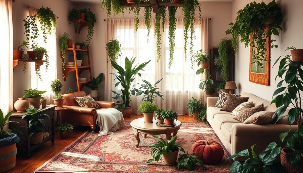 A cozy and inviting bohemian-style living room with an abundance of lush, verdant plants cascading from shelves and side tables. Warm, earthy tones create a serene and relaxing atmosphere, accented by plush textiles, vintage furniture, and a large, ornate area rug. Soft, natural lighting filters in through sheer curtains, casting a gentle glow over the space. A mix of potted plants, trailing vines, and leafy floor plants add a sense of life and vibrancy, seamlessly blending the indoor and outdoor environments. The overall scene exudes a harmonious, nature-inspired ambiance that embraces the eclectic charm of a bohemian aesthetic.