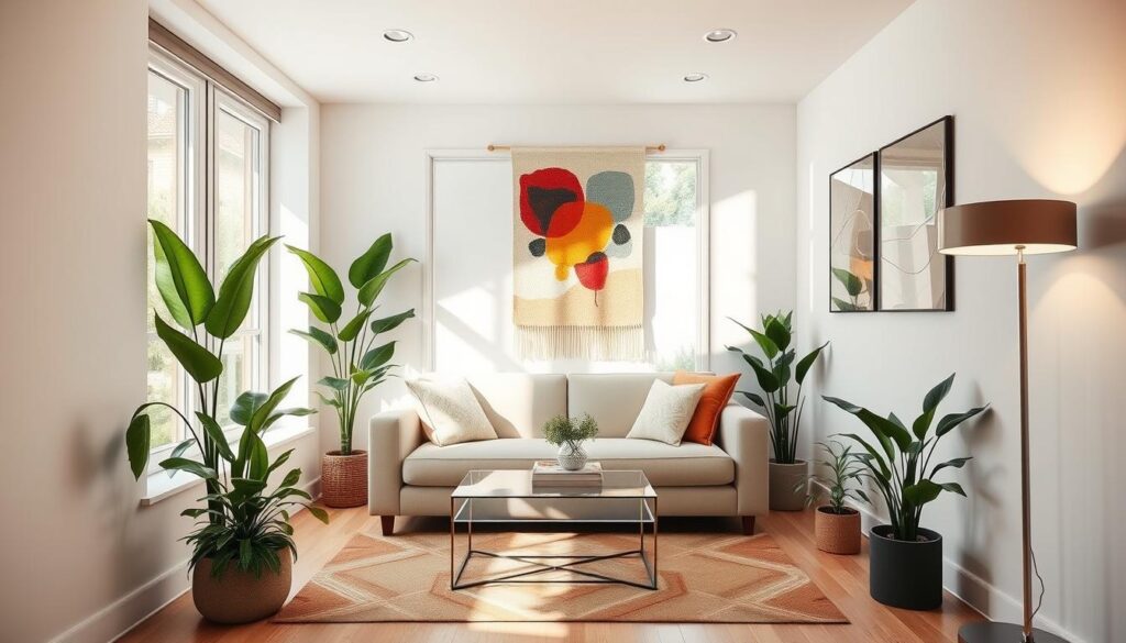 A cozy and inviting contemporary small living room, filled with natural light streaming through large windows. The space is anchored by a plush, minimalist sofa in a muted neutral tone, complemented by a sleek, glass-top coffee table. Lush, green potted plants add pops of life, while a geometric area rug in earthy tones grounds the room. The walls feature a soothing, light-colored paint palette, accented by a vibrant, abstract wall hanging that ties the entire space together. Soft, indirect lighting from recessed ceiling fixtures and a modern, sculptural floor lamp create a warm, intimate atmosphere. The overall design is clean, sophisticated, and perfectly suited for small-space living. A cozy and inviting contemporary small living room, filled with natural light streaming through large windows. The space is anchored by a plush, minimalist sofa in a muted neutral tone, complemented by a sleek, glass-top coffee table. Lush, green potted plants add pops of life, while a geometric area rug in earthy tones grounds the room. The walls feature a soothing, light-colored paint palette, accented by a vibrant, abstract wall hanging that ties the entire space together. Soft, indirect lighting from recessed ceiling fixtures and a modern, sculptural floor lamp create a warm, intimate atmosphere. The overall design is clean, sophisticated, and perfectly suited for small-space living.
