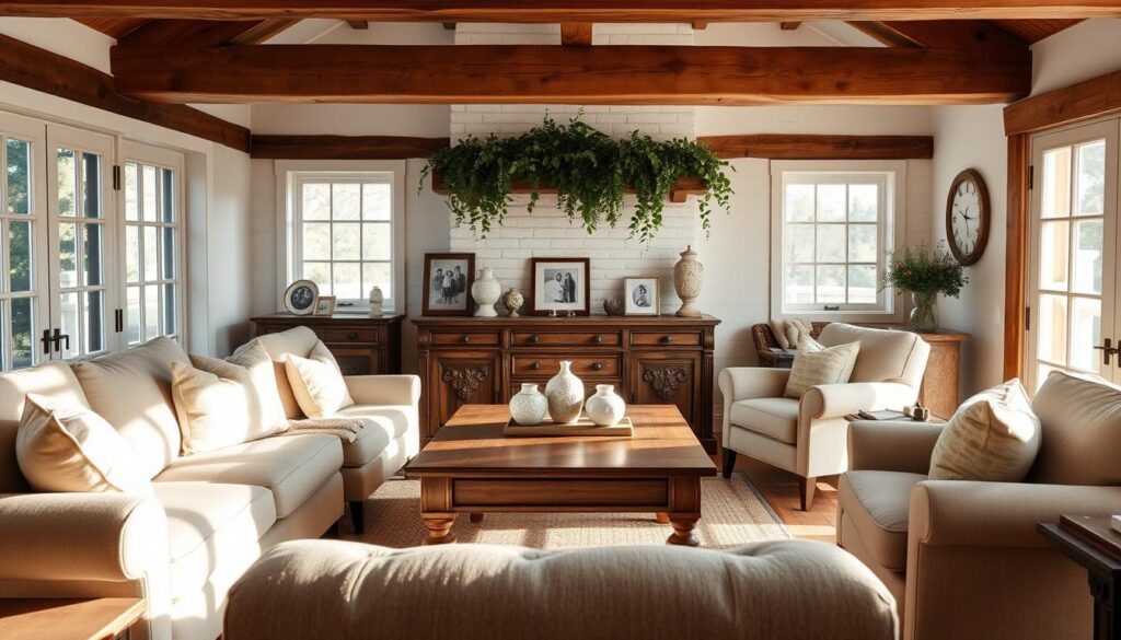 A cozy and inviting farmhouse living room, bathed in warm, natural light streaming through large windows. In the foreground, a plush, overstuffed sofa upholstered in soft, neutral tones, complemented by a pair of matching armchairs arranged around a rustic, distressed wood coffee table. In the middle ground, a charming antique sideboard displaying delicate ceramic vases and framed family photographs. The background features exposed wooden beams, whitewashed walls, and a cast-iron fireplace mantel adorned with lush greenery. The overall atmosphere exudes a sense of timeless comfort and vintage charm, perfectly capturing the essence of farmhouse living room furniture. A cozy and inviting farmhouse living room, bathed in warm, natural light streaming through large windows. In the foreground, a plush, overstuffed sofa upholstered in soft, neutral tones, complemented by a pair of matching armchairs arranged around a rustic, distressed wood coffee table. In the middle ground, a charming antique sideboard displaying delicate ceramic vases and framed family photographs. The background features exposed wooden beams, whitewashed walls, and a cast-iron fireplace mantel adorned with lush greenery. The overall atmosphere exudes a sense of timeless comfort and vintage charm, perfectly capturing the essence of farmhouse living room furniture.