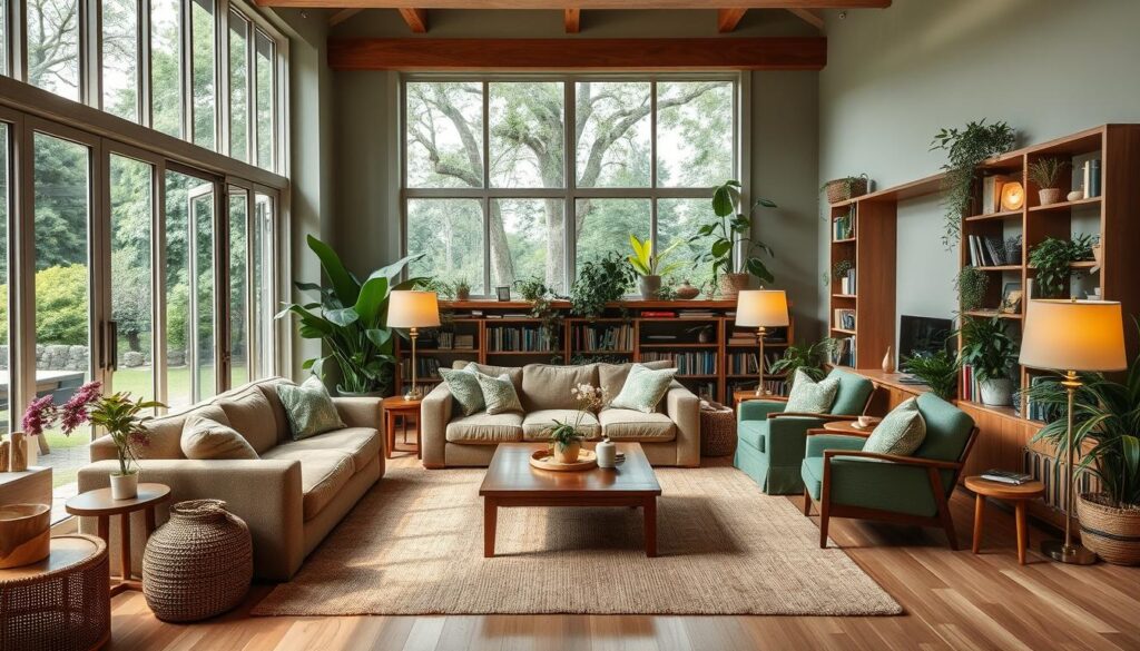 A cozy and inviting green living room design, bathed in natural light from large windows overlooking a lush garden. The space features plush, earthy-toned furniture, including a comfortable sofa and armchairs upholstered in organic fabrics. Bookshelves and plant-filled corners create a serene, biophilic atmosphere. Warm wooden accents, such as a coffee table and side tables, complement the green color palette. Soft, indirect lighting from floor lamps and table lamps casts a gentle glow, while a large, natural-fiber area rug grounds the space. The overall design radiates a sense of harmony, sustainability, and a connection to the outdoors. A cozy and inviting green living room design, bathed in natural light from large windows overlooking a lush garden. The space features plush, earthy-toned furniture, including a comfortable sofa and armchairs upholstered in organic fabrics. Bookshelves and plant-filled corners create a serene, biophilic atmosphere. Warm wooden accents, such as a coffee table and side tables, complement the green color palette. Soft, indirect lighting from floor lamps and table lamps casts a gentle glow, while a large, natural-fiber area rug grounds the space. The overall design radiates a sense of harmony, sustainability, and a connection to the outdoors.
