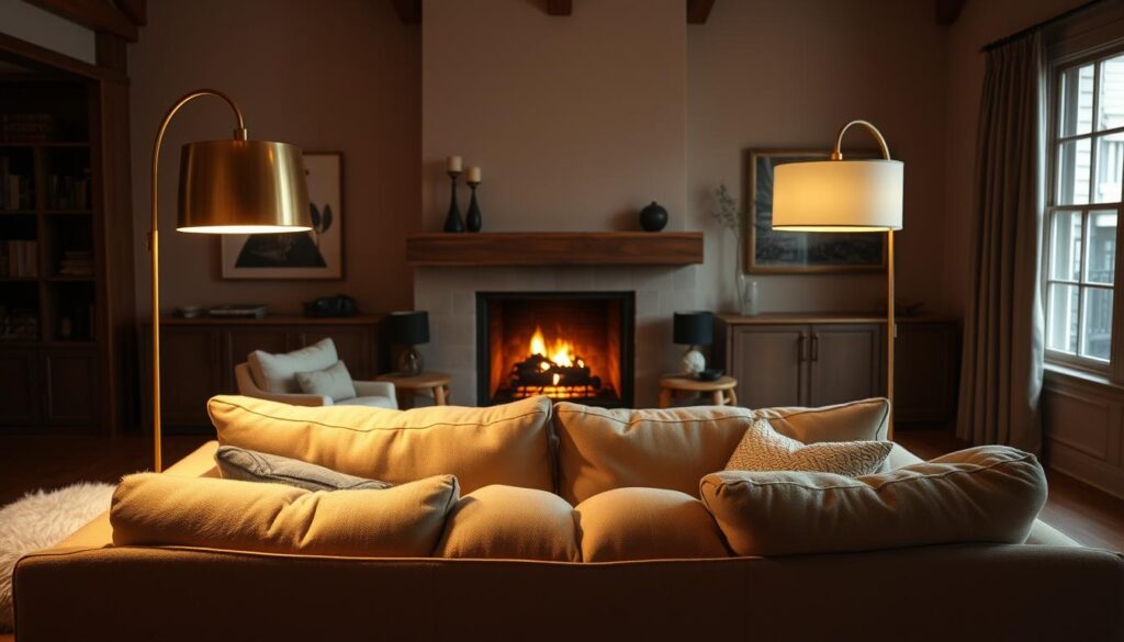 A cozy and inviting living room bathed in warm, soft lighting. The space is illuminated by a pair of large, brass floor lamps that cast a gentle glow, complemented by the flickering light of a crackling fireplace in the background. A plush, oversized sofa is situated in the foreground, inviting guests to sink in and unwind. The room's neutral color palette, wooden accents, and lush textiles create a serene and harmonious atmosphere, perfect for relaxing on a chilly evening. A cozy and inviting living room bathed in warm, soft lighting. The space is illuminated by a pair of large, brass floor lamps that cast a gentle glow, complemented by the flickering light of a crackling fireplace in the background. A plush, oversized sofa is situated in the foreground, inviting guests to sink in and unwind. The room's neutral color palette, wooden accents, and lush textiles create a serene and harmonious atmosphere, perfect for relaxing on a chilly evening.