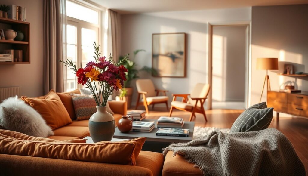 A cozy and inviting living room, filled with personal touches that reflect the owner's style and personality. In the foreground, a plush, L-shaped sofa in a warm, earthy tone, adorned with fluffy throw pillows and a soft, woven blanket. On the coffee table, a selection of carefully curated books and magazines, along with a decorative ceramic vase holding a vibrant bouquet of fresh flowers. The middle ground features a mid-century modern armchair, its sleek lines and wooden frame contrasting with the room's more textured elements. Hanging on the wall, an abstract painting in muted hues, casting a warm glow from the soft, ambient lighting. The background showcases a large window, allowing natural light to flood the space and creating a sense of openness and tranquility. A cozy and inviting living room, filled with personal touches that reflect the owner's style and personality. In the foreground, a plush, L-shaped sofa in a warm, earthy tone, adorned with fluffy throw pillows and a soft, woven blanket. On the coffee table, a selection of carefully curated books and magazines, along with a decorative ceramic vase holding a vibrant bouquet of fresh flowers. The middle ground features a mid-century modern armchair, its sleek lines and wooden frame contrasting with the room's more textured elements. Hanging on the wall, an abstract painting in muted hues, casting a warm glow from the soft, ambient lighting. The background showcases a large window, allowing natural light to flood the space and creating a sense of openness and tranquility.