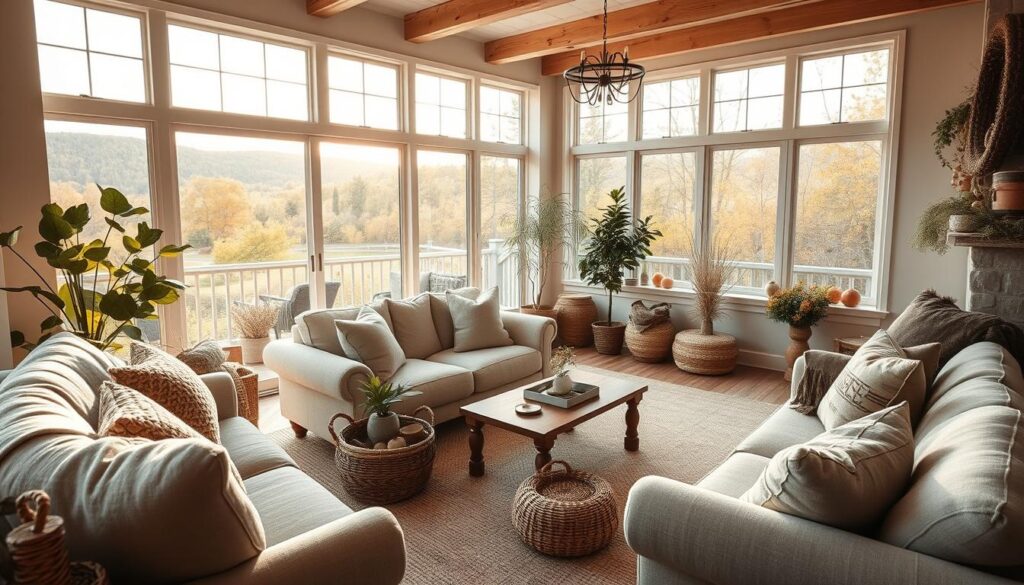 A cozy and inviting living space filled with warm, natural lighting from large windows overlooking a lush outdoor landscape. The room has a neutral color palette with pops of earthy tones, comfortable overstuffed furniture, and textured fabrics like wool and cotton. Decorative accents like potted plants, woven baskets, and rustic wooden elements create a harmonious, seasonal aesthetic. The scene is captured with a wide-angle lens to showcase the spacious and welcoming atmosphere, emphasizing the harmonious blend of natural and manmade elements for a tranquil, relaxing ambiance. A cozy and inviting living space filled with warm, natural lighting from large windows overlooking a lush outdoor landscape. The room has a neutral color palette with pops of earthy tones, comfortable overstuffed furniture, and textured fabrics like wool and cotton. Decorative accents like potted plants, woven baskets, and rustic wooden elements create a harmonious, seasonal aesthetic. The scene is captured with a wide-angle lens to showcase the spacious and welcoming atmosphere, emphasizing the harmonious blend of natural and manmade elements for a tranquil, relaxing ambiance.