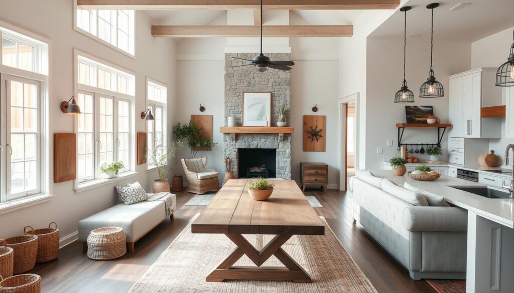 A cozy and inviting modern farmhouse living room and kitchen, bathed in warm, natural light filtering through large windows. The space features a neutral color palette of whites, grays, and wood tones, with pops of greenery and textures like woven baskets and plush rugs. A rustic wooden table anchors the kitchen, surrounded by sleek, minimalist cabinetry. In the living area, a plush, tufted sofa faces a stone fireplace, complemented by industrial-inspired lighting fixtures and vintage-inspired decor. The overall atmosphere is one of comfortable sophistication, seamlessly blending pastoral and contemporary elements. A cozy and inviting modern farmhouse living room and kitchen, bathed in warm, natural light filtering through large windows. The space features a neutral color palette of whites, grays, and wood tones, with pops of greenery and textures like woven baskets and plush rugs. A rustic wooden table anchors the kitchen, surrounded by sleek, minimalist cabinetry. In the living area, a plush, tufted sofa faces a stone fireplace, complemented by industrial-inspired lighting fixtures and vintage-inspired decor. The overall atmosphere is one of comfortable sophistication, seamlessly blending pastoral and contemporary elements.