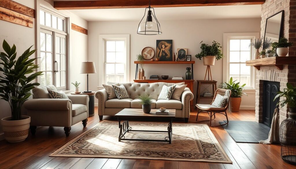 A cozy and inviting modern farmhouse living room, bathed in warm, natural light filtering through large windows. A plush, neutral-toned sofa sits atop a rustic wooden floor, complemented by a vintage-inspired armchair and a decorative fireplace mantel. Subtle industrial-chic accents, such as a wrought-iron coffee table and a hanging pendant light, add a touch of modernity. Lush indoor plants and a patterned area rug complete the serene, harmonious atmosphere, creating a harmonious blend of rustic and contemporary elements. A cozy and inviting modern farmhouse living room, bathed in warm, natural light filtering through large windows. A plush, neutral-toned sofa sits atop a rustic wooden floor, complemented by a vintage-inspired armchair and a decorative fireplace mantel. Subtle industrial-chic accents, such as a wrought-iron coffee table and a hanging pendant light, add a touch of modernity. Lush indoor plants and a patterned area rug complete the serene, harmonious atmosphere, creating a harmonious blend of rustic and contemporary elements.
