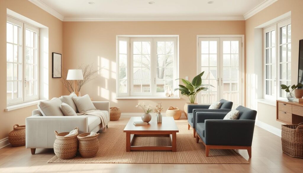 A cozy and inviting neutral living room with warm beige walls, a plush cream-colored sofa, and a pair of charcoal gray armchairs arranged around a low, natural wood coffee table. The room is flooded with soft, diffused natural light filtering in through large windows, casting a serene and calming ambiance. A jute area rug grounds the space, complemented by subtle pops of texture in the form of woven baskets, a knitted throw, and potted greenery. The overall aesthetic is one of timeless sophistication and understated elegance.