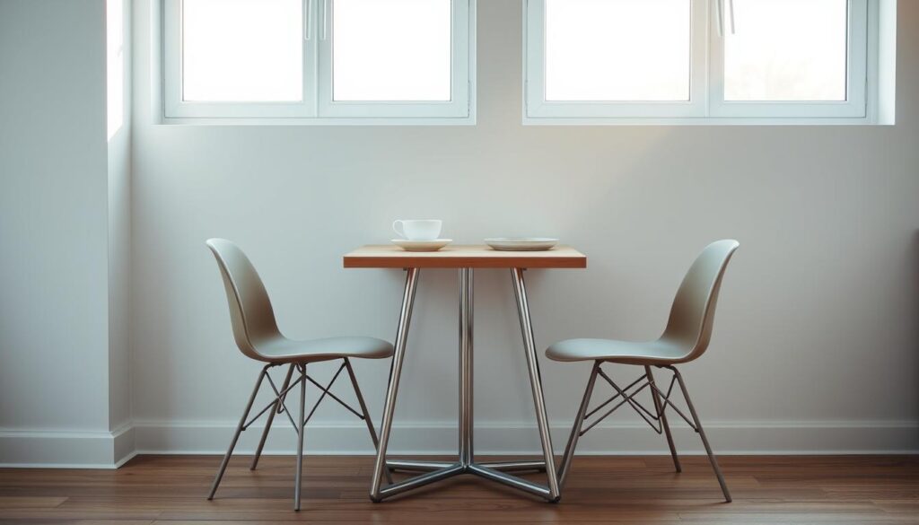 A cozy and inviting small dining table set against a minimalist, well-lit backdrop. The table features a clean, modern design with a warm wood top and sleek metal legs. Two mid-century inspired chairs in a neutral tone flank the table, inviting intimate conversation. Soft, natural lighting from large windows illuminates the scene, casting a warm glow and highlighting the textures of the materials. The overall atmosphere is one of simplicity, comfort, and effortless style - an inspirational setting for enjoying meals in a compact living and dining area. A cozy and inviting small dining table set against a minimalist, well-lit backdrop. The table features a clean, modern design with a warm wood top and sleek metal legs. Two mid-century inspired chairs in a neutral tone flank the table, inviting intimate conversation. Soft, natural lighting from large windows illuminates the scene, casting a warm glow and highlighting the textures of the materials. The overall atmosphere is one of simplicity, comfort, and effortless style - an inspirational setting for enjoying meals in a compact living and dining area.