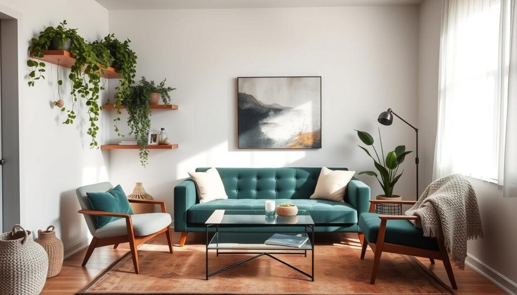 A cozy and inviting small living room with a stylish focal point. Soft lighting illuminates a plush, jewel-toned sofa positioned at the center, complemented by a sleek glass coffee table and a mid-century modern armchair. Lush, trailing plants cascade from floating shelves, adding a touch of natural elegance. The walls are adorned with a minimalist abstract artwork, and a warm, vintage-inspired rug grounds the space. Subtle textures, such as woven baskets and a knitted throw, create a harmonious and visually captivating atmosphere, drawing the eye to the inviting seating area. A cozy and inviting small living room with a stylish focal point. Soft lighting illuminates a plush, jewel-toned sofa positioned at the center, complemented by a sleek glass coffee table and a mid-century modern armchair. Lush, trailing plants cascade from floating shelves, adding a touch of natural elegance. The walls are adorned with a minimalist abstract artwork, and a warm, vintage-inspired rug grounds the space. Subtle textures, such as woven baskets and a knitted throw, create a harmonious and visually captivating atmosphere, drawing the eye to the inviting seating area.