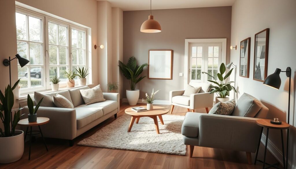 A cozy and inviting small living room with ample natural light streaming in through large windows. The space is filled with plush, neutral-toned furniture, including a comfortable sofa, loveseat, and armchair arranged in a conversational layout. Accent pieces like potted plants, framed artwork, and a stylish coffee table add visual interest and a touch of Scandinavian-inspired minimalism. Warm, soft lighting from a central pendant fixture and subtle wall sconces creates a serene and relaxing ambiance. The room's hardwood floors are covered with a plush, neutral-toned area rug, tying the whole space together. Overall, the image conveys a sense of calm, comfort, and effortless style in a compact living area. A cozy and inviting small living room with ample natural light streaming in through large windows. The space is filled with plush, neutral-toned furniture, including a comfortable sofa, loveseat, and armchair arranged in a conversational layout. Accent pieces like potted plants, framed artwork, and a stylish coffee table add visual interest and a touch of Scandinavian-inspired minimalism. Warm, soft lighting from a central pendant fixture and subtle wall sconces creates a serene and relaxing ambiance. The room's hardwood floors are covered with a plush, neutral-toned area rug, tying the whole space together. Overall, the image conveys a sense of calm, comfort, and effortless style in a compact living area.