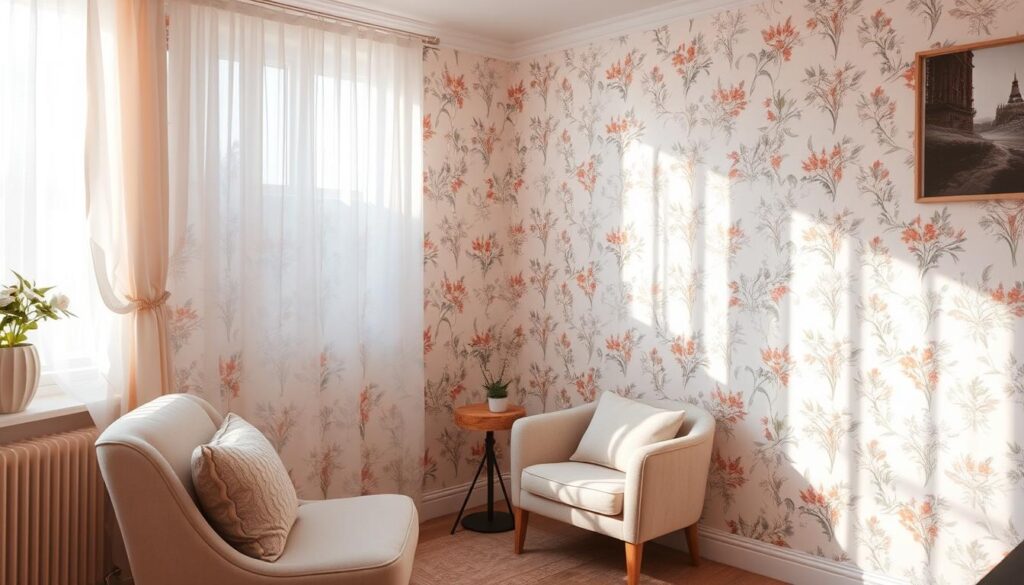 A cozy and inviting small room with a delicate floral wallpaper pattern in muted tones of pink, blue, and green. The wallpaper creates a serene and calming atmosphere, complemented by soft natural lighting filtering through sheer curtains. The room is furnished with minimal but tasteful decor, such as a plush armchair and a small side table, allowing the wallpaper design to be the central focus. The overall composition conveys a sense of tranquility and effortless style, perfect for a relaxing and intimate living space. A cozy and inviting small room with a delicate floral wallpaper pattern in muted tones of pink, blue, and green. The wallpaper creates a serene and calming atmosphere, complemented by soft natural lighting filtering through sheer curtains. The room is furnished with minimal but tasteful decor, such as a plush armchair and a small side table, allowing the wallpaper design to be the central focus. The overall composition conveys a sense of tranquility and effortless style, perfect for a relaxing and intimate living space.