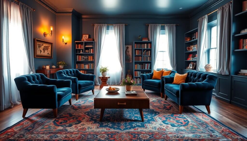 A cozy and inviting vintage blue living room, bathed in warm golden light from a pair of vintage brass sconces on the walls. Plush, deep-tufted velvet armchairs in a rich navy blue sit atop a worn, distressed Persian rug in shades of indigo, azure, and ochre. A mid-century modern wooden coffee table with brass accents stands in the center, accompanied by a low-profile, tufted navy blue sofa. Bookshelves line the walls, filled with leather-bound volumes and eclectic knick-knacks. The windows are adorned with flowing, sheer curtains in a soft powder blue, allowing the natural light to filter in and create a dreamy, nostalgic atmosphere. A cozy and inviting vintage blue living room, bathed in warm golden light from a pair of vintage brass sconces on the walls. Plush, deep-tufted velvet armchairs in a rich navy blue sit atop a worn, distressed Persian rug in shades of indigo, azure, and ochre. A mid-century modern wooden coffee table with brass accents stands in the center, accompanied by a low-profile, tufted navy blue sofa. Bookshelves line the walls, filled with leather-bound volumes and eclectic knick-knacks. The windows are adorned with flowing, sheer curtains in a soft powder blue, allowing the natural light to filter in and create a dreamy, nostalgic atmosphere.