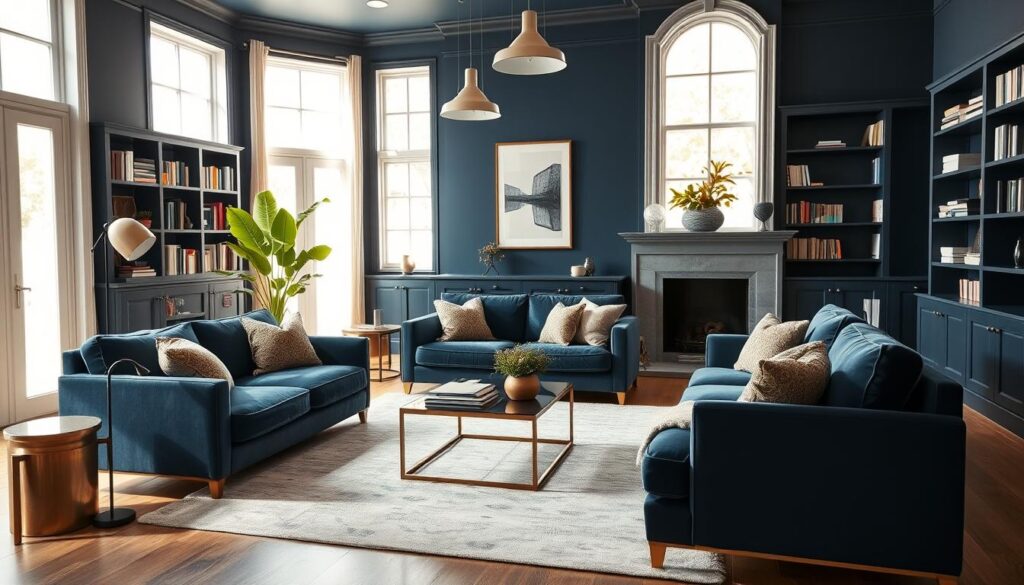 A cozy and sophisticated navy blue living room with plush velvet sofas, warm brass accents, and a neutral-toned area rug. The space is bathed in soft, natural lighting filtering through large windows, creating a serene and inviting atmosphere. Bookshelves line the walls, adding depth and character, while a statement coffee table and minimalist pendant lights complete the refined, yet comfortable design. Pops of greenery and textural throw pillows add depth and visual interest, resulting in a harmonious and stylish living area. A cozy and sophisticated navy blue living room with plush velvet sofas, warm brass accents, and a neutral-toned area rug. The space is bathed in soft, natural lighting filtering through large windows, creating a serene and inviting atmosphere. Bookshelves line the walls, adding depth and character, while a statement coffee table and minimalist pendant lights complete the refined, yet comfortable design. Pops of greenery and textural throw pillows add depth and visual interest, resulting in a harmonious and stylish living area.