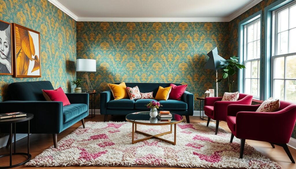 A cozy and vibrant small living room with bold color accents. The main focal point is a plush, jewel-toned velvet sofa set against a wall adorned with an intricate, patterned wallpaper in shades of teal and mustard. Complementing the sofa are a pair of mid-century modern armchairs in a deep, rich burgundy. A shaggy area rug in a mix of warm hues grounds the space. Vibrant throw pillows and a statement coffee table with a glass top and a metallic base add pops of color. The room is bathed in soft, natural light filtering through large windows, creating a warm and inviting atmosphere. A cozy and vibrant small living room with bold color accents. The main focal point is a plush, jewel-toned velvet sofa set against a wall adorned with an intricate, patterned wallpaper in shades of teal and mustard. Complementing the sofa are a pair of mid-century modern armchairs in a deep, rich burgundy. A shaggy area rug in a mix of warm hues grounds the space. Vibrant throw pillows and a statement coffee table with a glass top and a metallic base add pops of color. The room is bathed in soft, natural light filtering through large windows, creating a warm and inviting atmosphere.