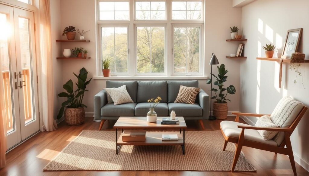 A cozy and well-designed small apartment living room, bathed in warm natural light streaming through large windows. The space features a minimalist yet inviting layout, with a plush gray sofa, a wooden coffee table, and a mid-century modern armchair strategically positioned to maximize the available floor plan. Floating shelves line the walls, displaying decorative plants and personal trinkets. Subtle textures, like a woven area rug and knitted throw pillows, add depth and visual interest. The overall atmosphere is one of calm and intentional curation, showcasing how smart furniture arrangement can transform a compact living area into a functional and stylish oasis. A cozy and well-designed small apartment living room, bathed in warm natural light streaming through large windows. The space features a minimalist yet inviting layout, with a plush gray sofa, a wooden coffee table, and a mid-century modern armchair strategically positioned to maximize the available floor plan. Floating shelves line the walls, displaying decorative plants and personal trinkets. Subtle textures, like a woven area rug and knitted throw pillows, add depth and visual interest. The overall atmosphere is one of calm and intentional curation, showcasing how smart furniture arrangement can transform a compact living area into a functional and stylish oasis.